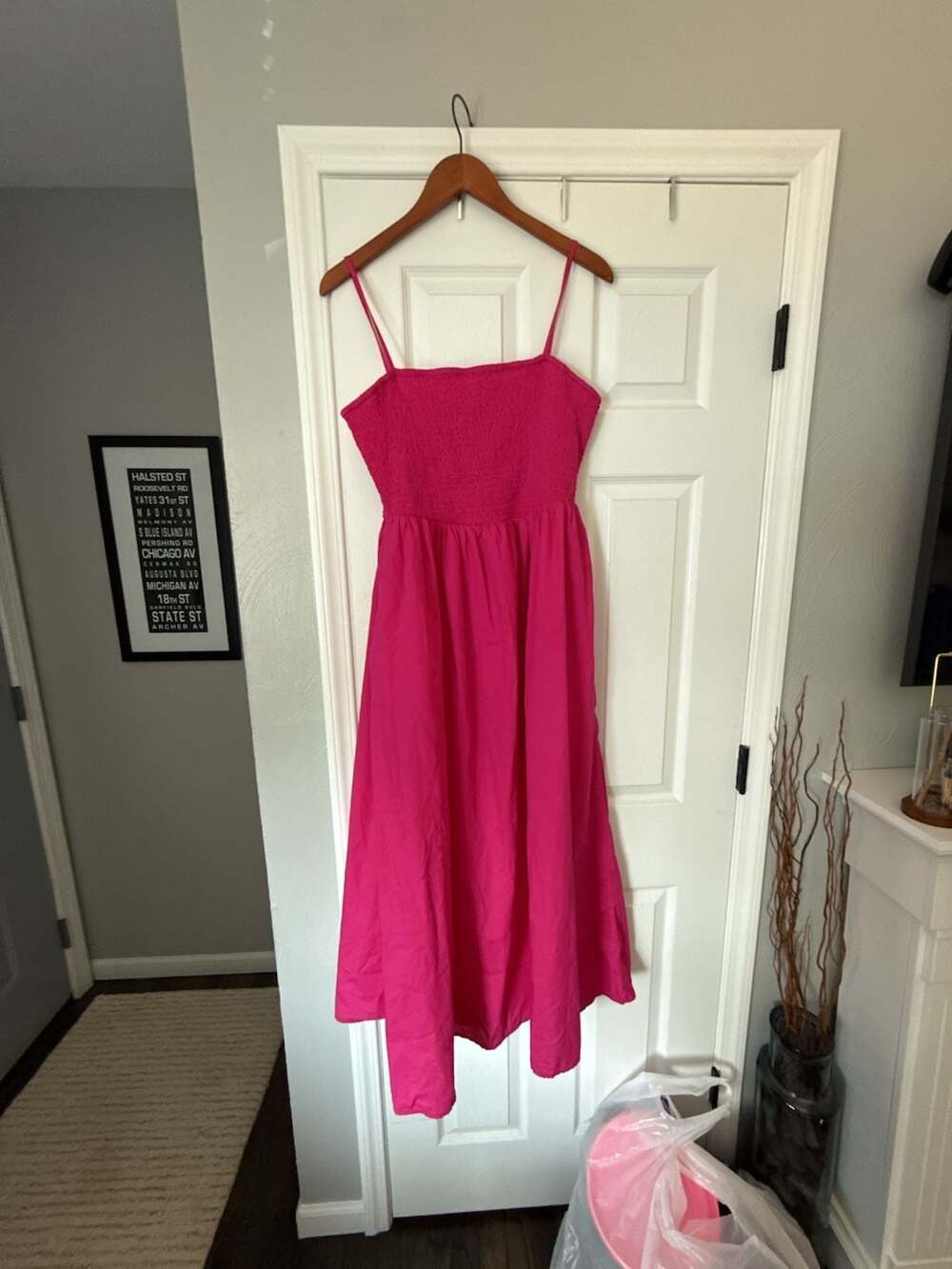 Pink Smocked Midi Dress with Adjustable Straps and Pockets